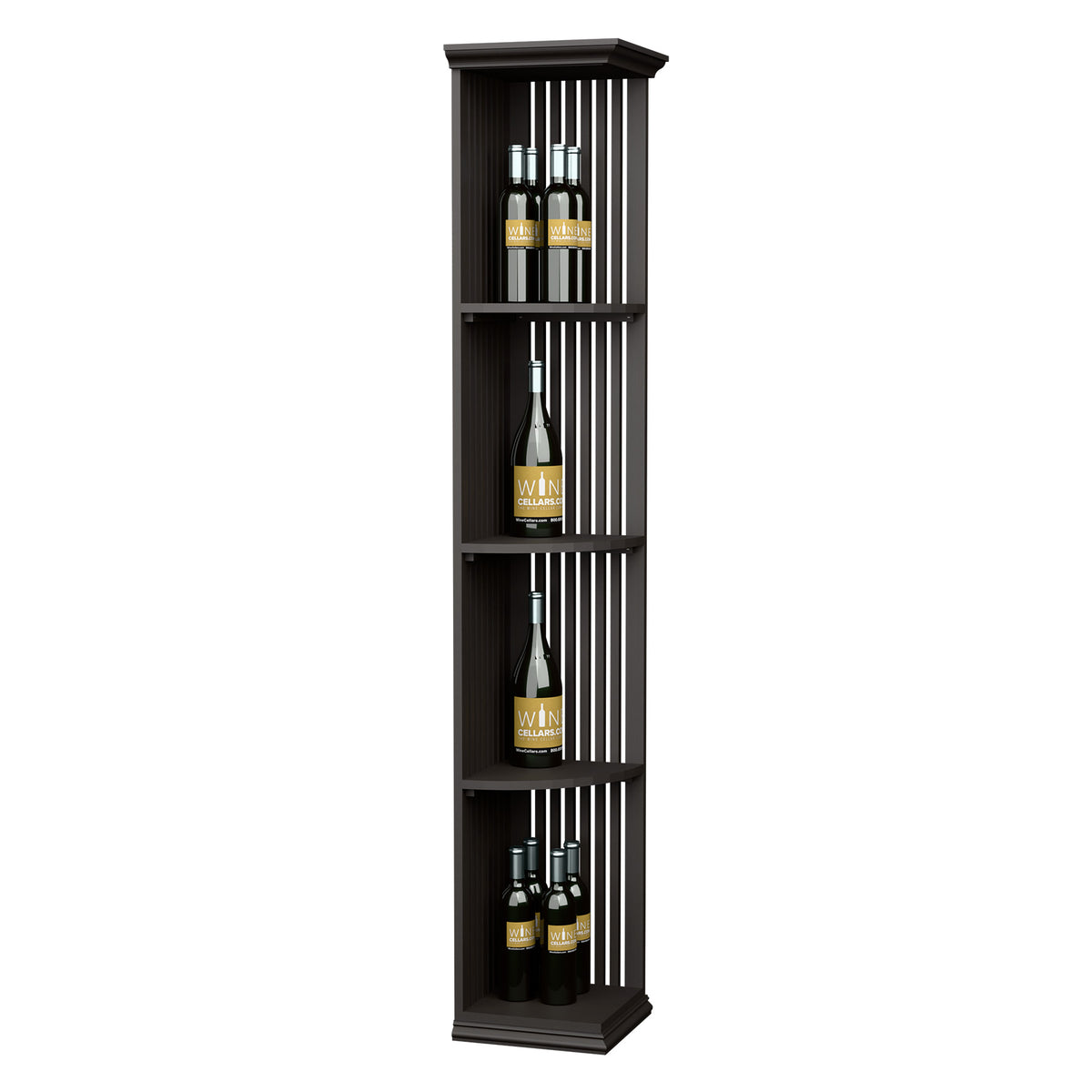 Dark stained quarter-round lattice wine shelf with square base, holding several bottles.