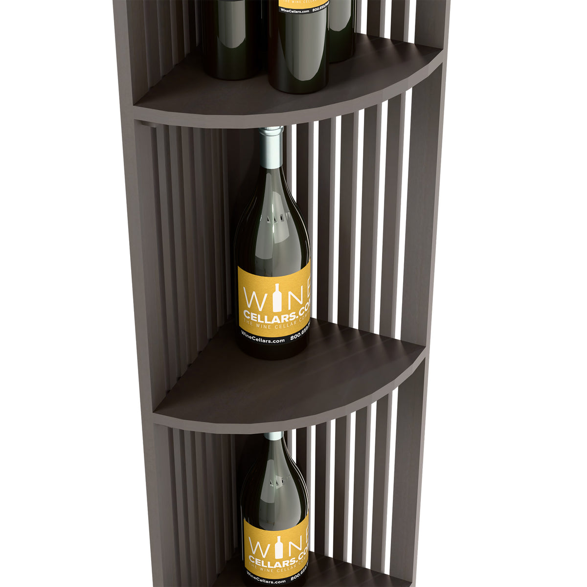 Dark lattice quarter-round wine shelf corner with two bottles on curved shelves.
