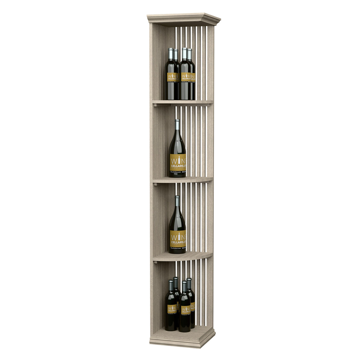 6ft lattice wine shelf with square base, quarter-round shelves, light gray stained wood