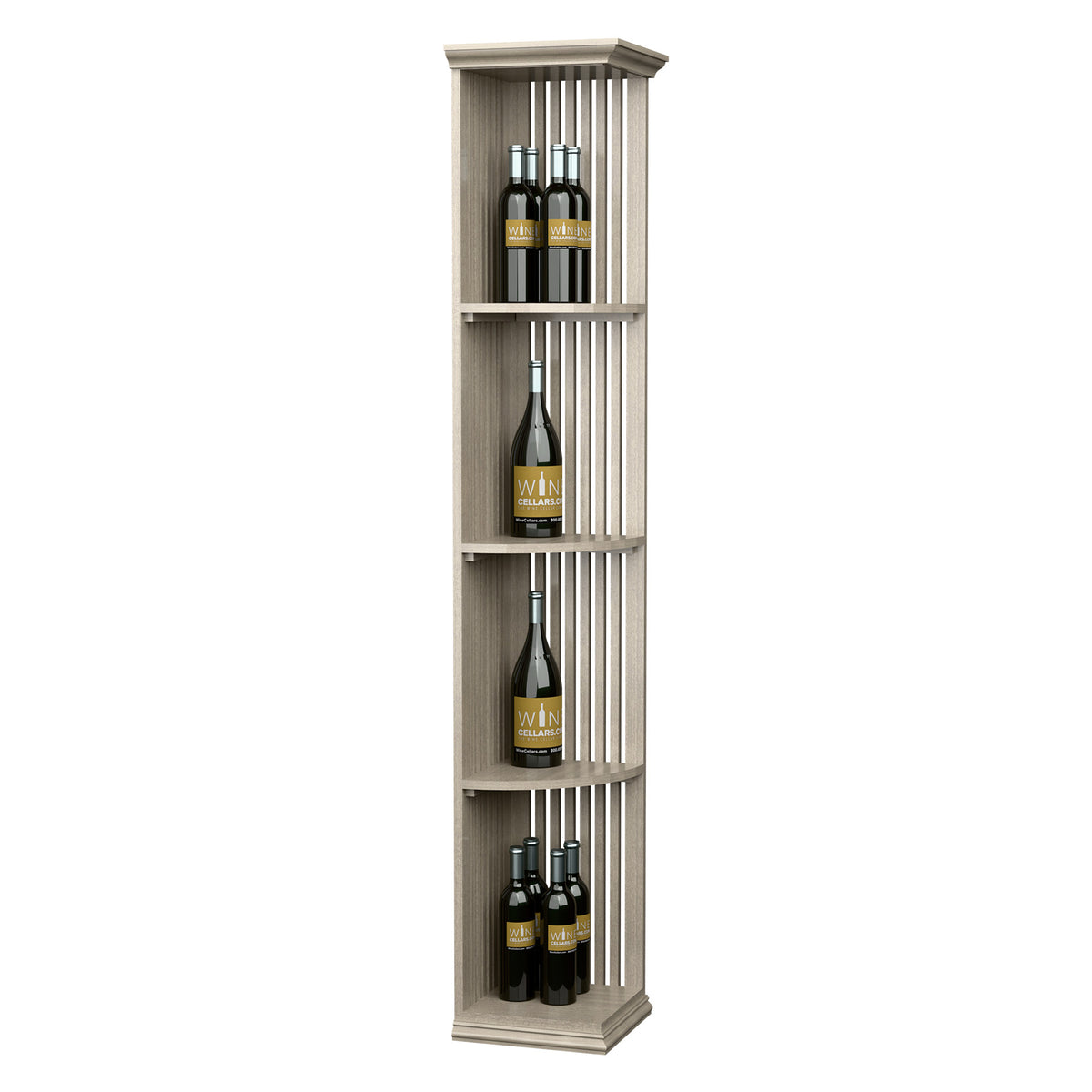 Tall 6ft lattice wine shelf with square base and four bottle shelves, light gray wood