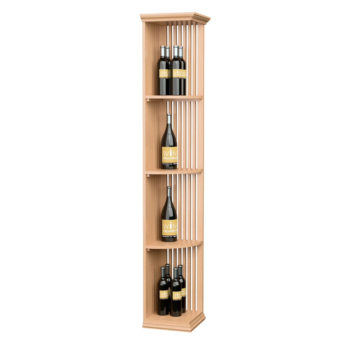 6ft lattice wine display shelf, square base with four quarter-round bottle shelves, natural wood