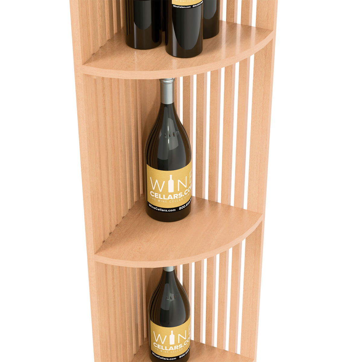 Quarter-round lattice wine shelf with two bottle displays, natural light wood