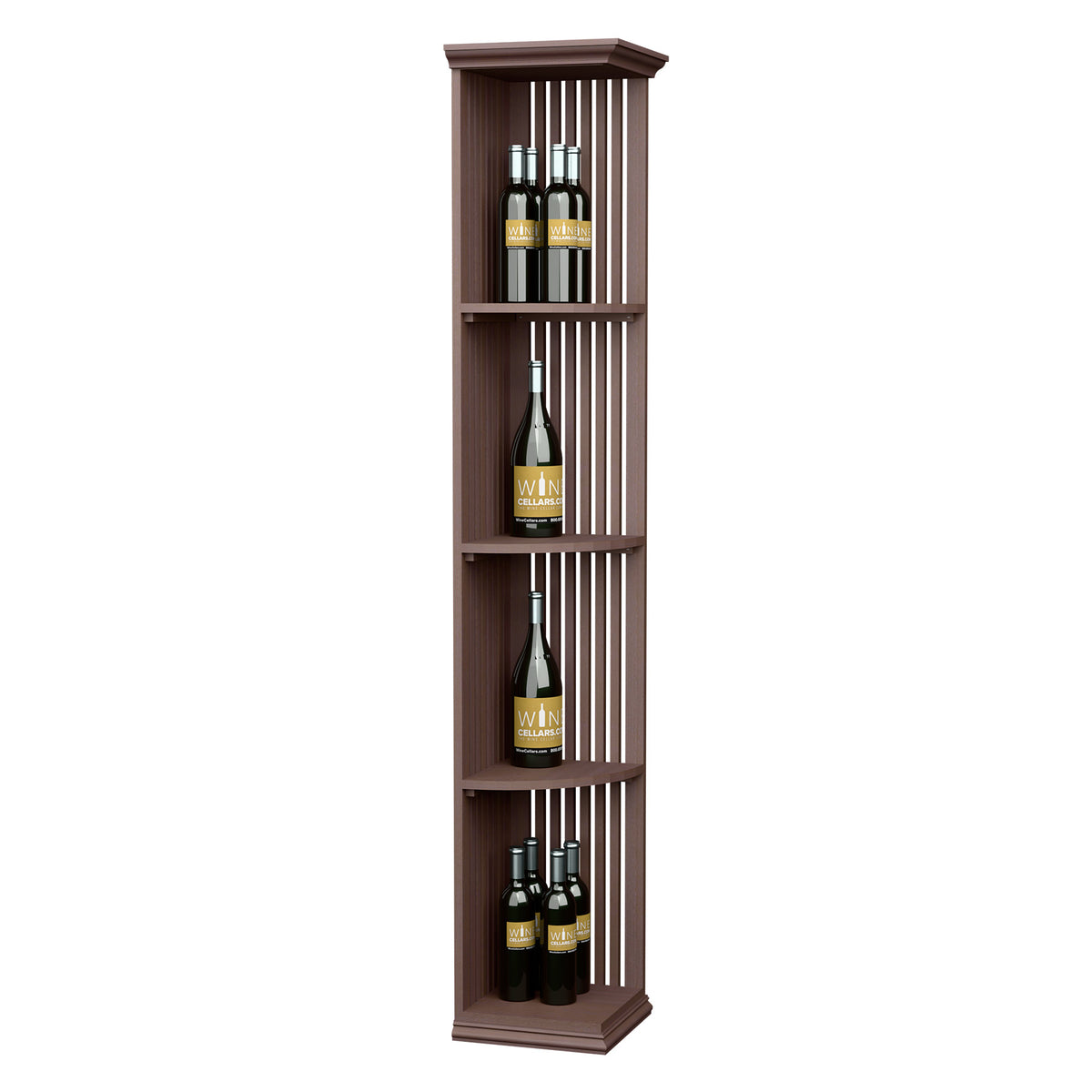 Tall 6ft lattice wine shelf with square base and four bottle shelves, dark walnut stain