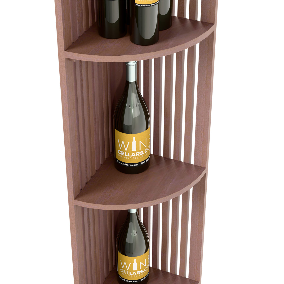 Quarter-round lattice wine shelf corner with two bottle slots, dark walnut stained wood
