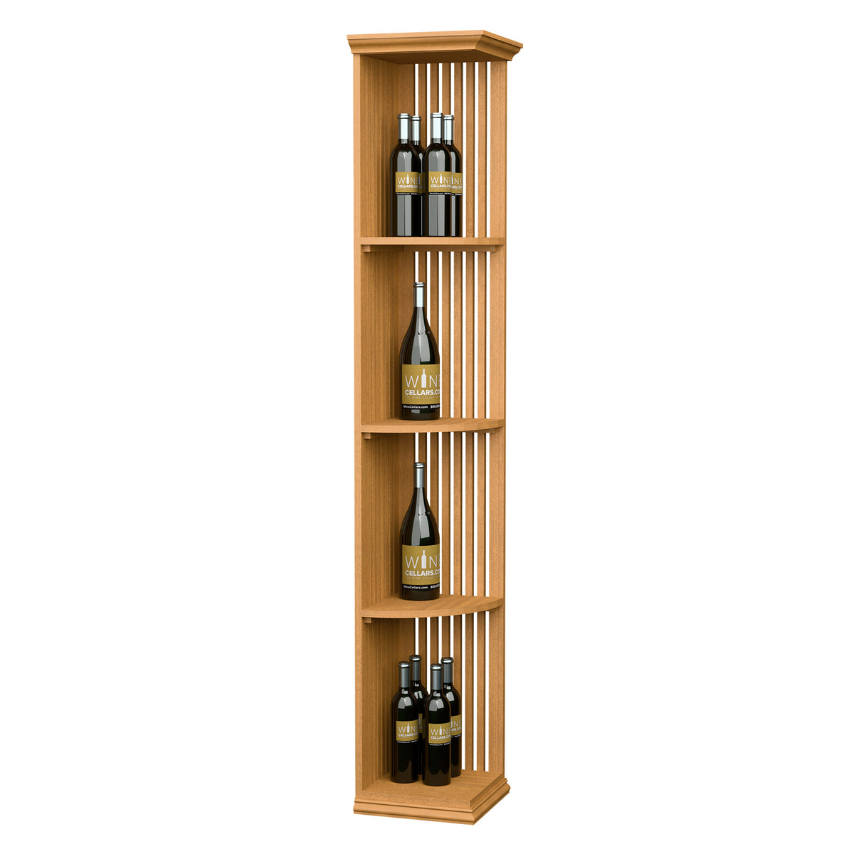 Light wood lattice wine bottle shelf with square base and quarter-round tiers
