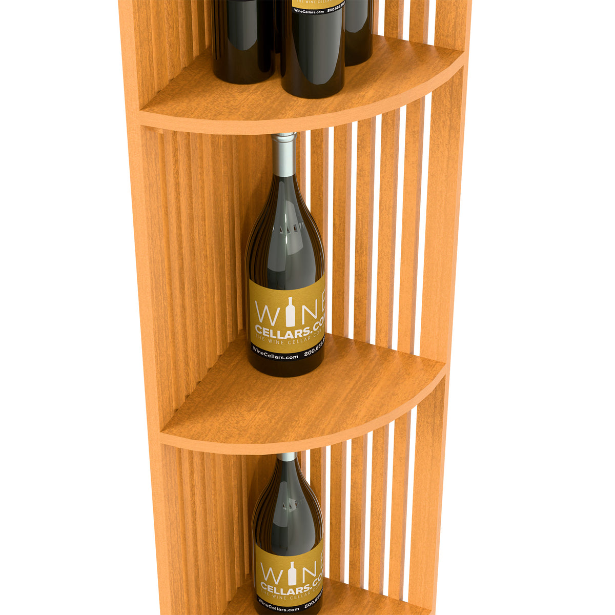 Light wood lattice wine bottle shelf, quarter-round 3-tier design with square base