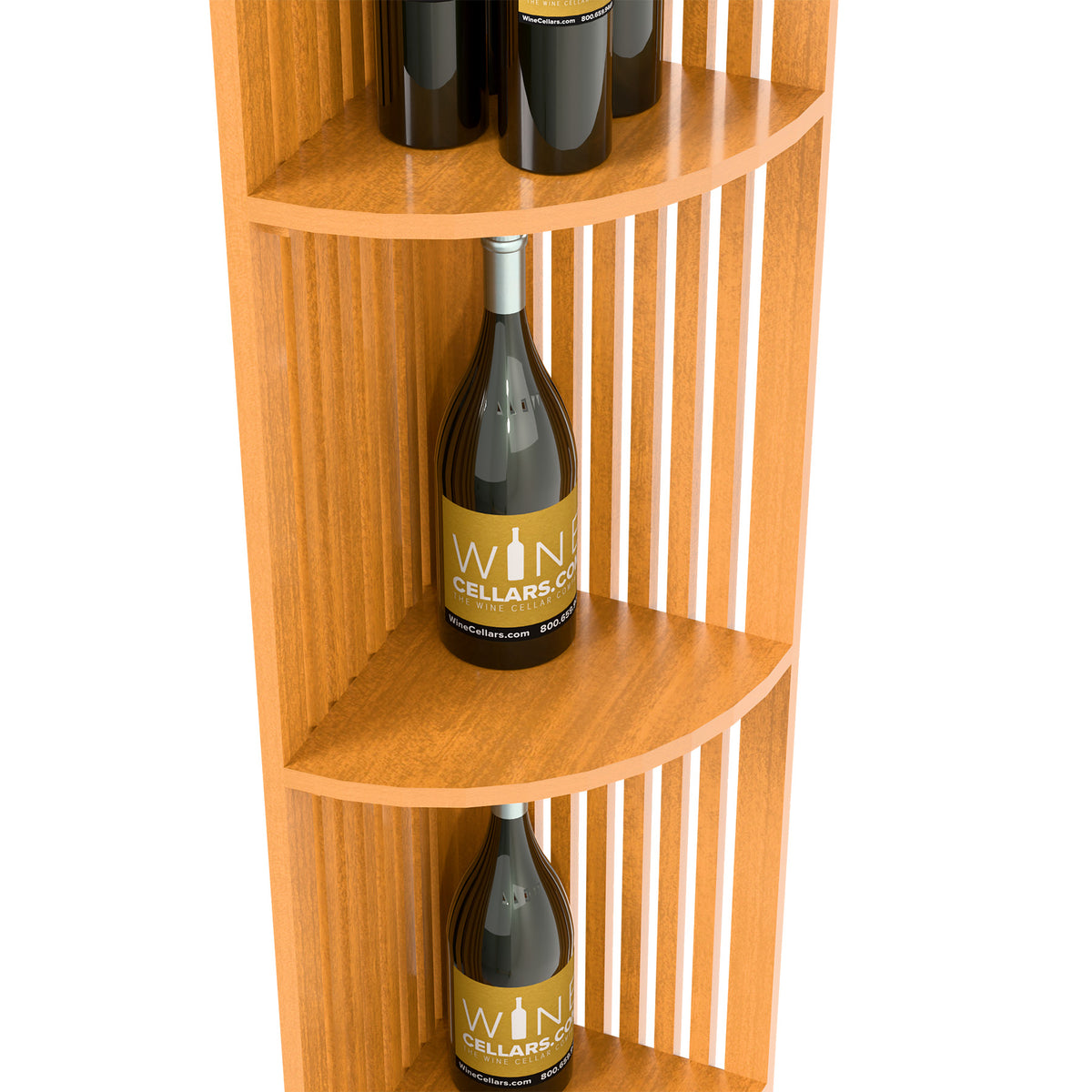 Light wood lattice wine bottle shelf with square base and curved quarter-round shelves
