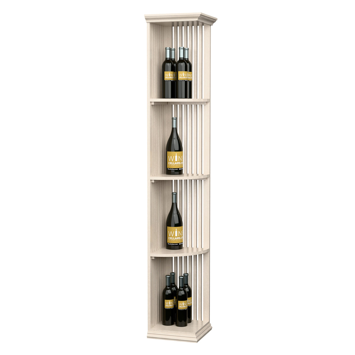 White lattice wine bottle shelf, upright 3-tier quarter-round with square base