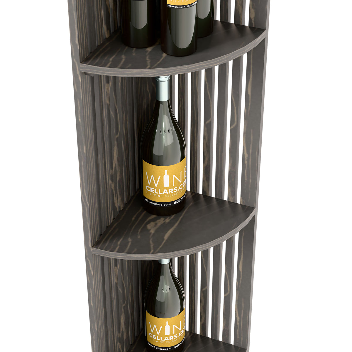 Close-up of dark lattice wine shelf with curved shelves holding wine bottles