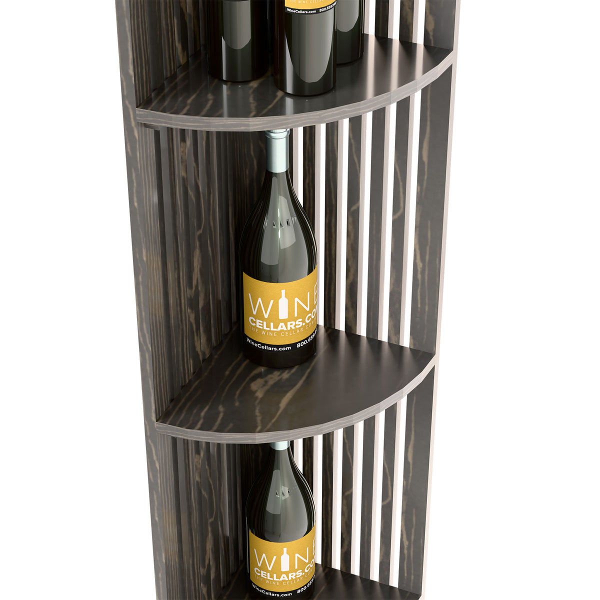 Close-up of dark lattice wine shelf with curved shelves and wine bottles