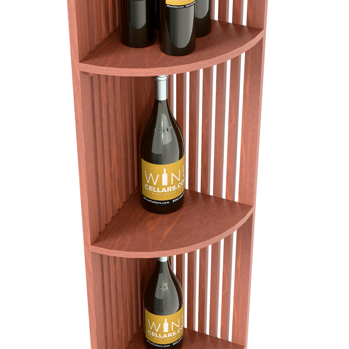Close-up of light wood lattice wine shelf with curved shelves and wine bottles