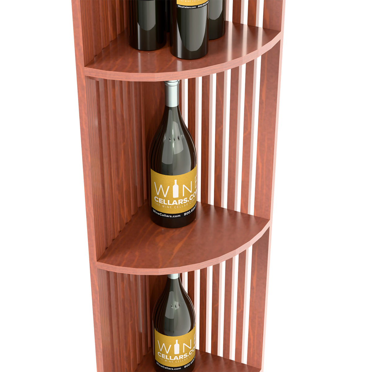 Close-up of natural wood lattice wine shelf with curved shelves holding bottles