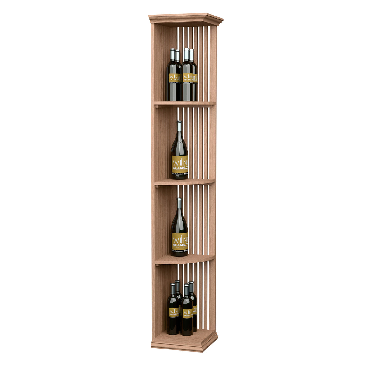 Pale wood lattice corner wine shelf with square base and 3 arched shelves