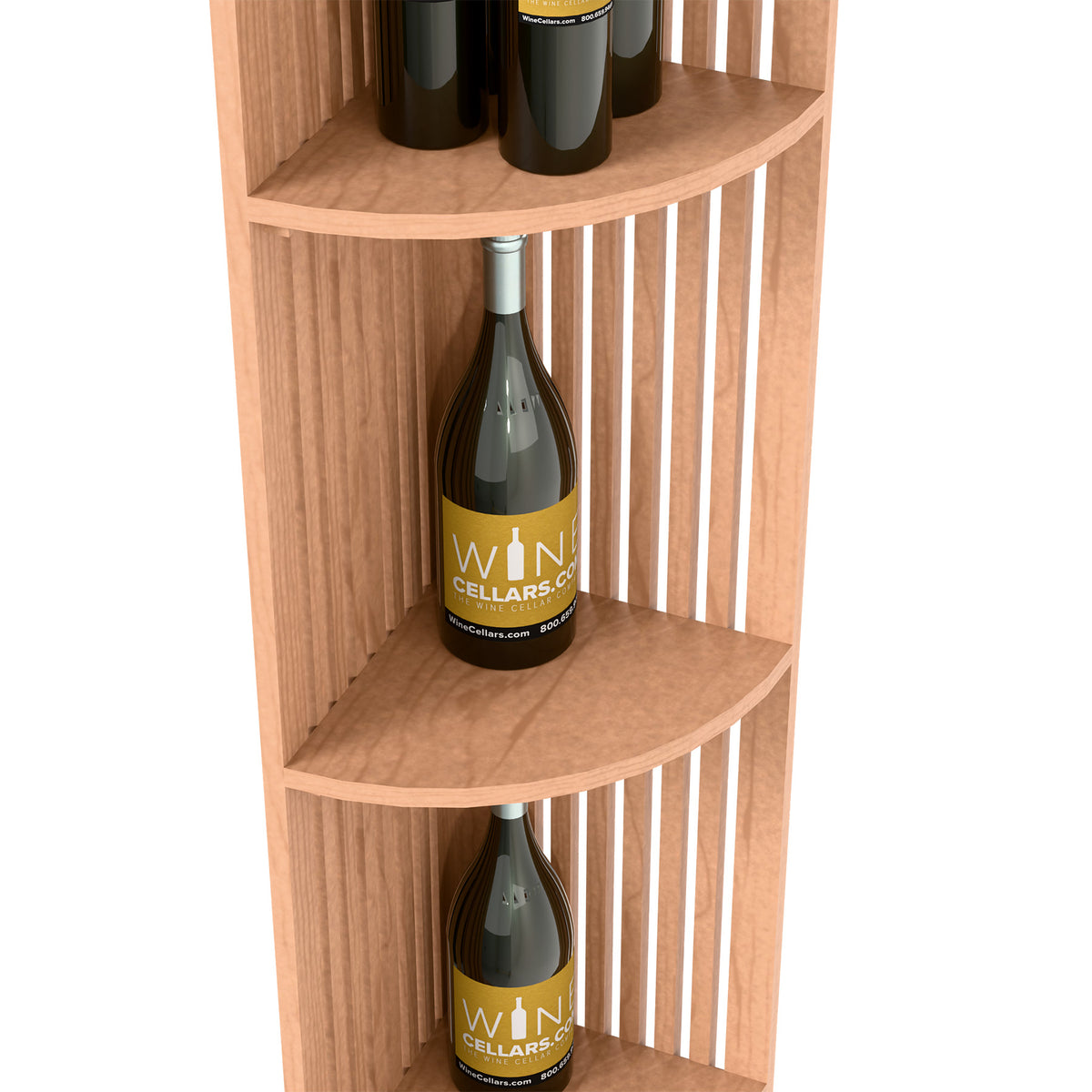 Close-up of pale wood lattice wine shelf with curved shelves and wine bottles