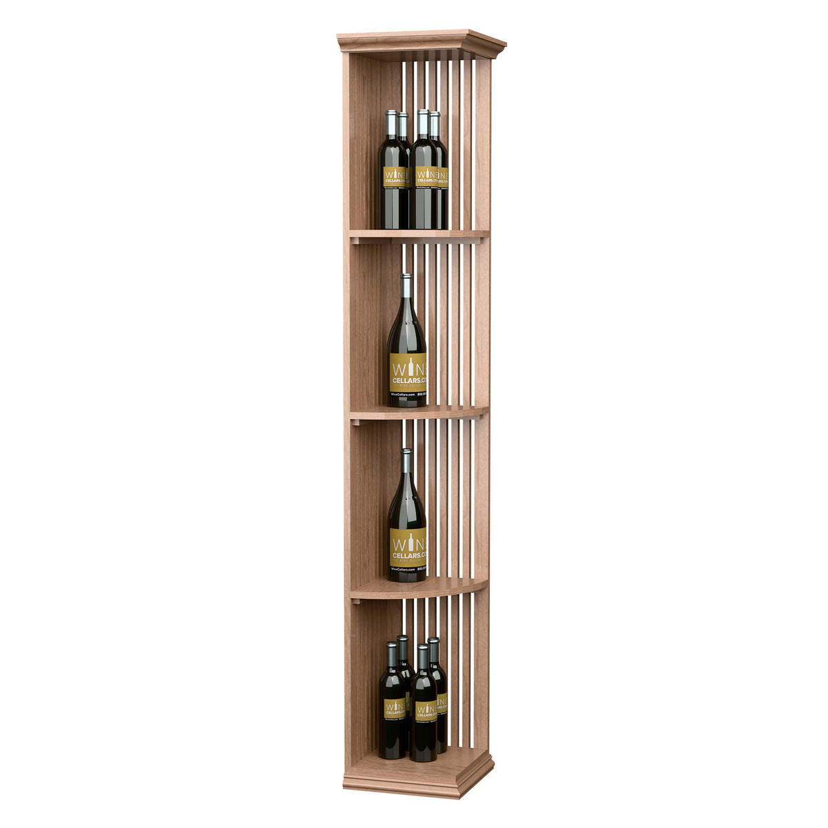 Light wood lattice quarter-round wine shelf with square base and 3 bottle tiers