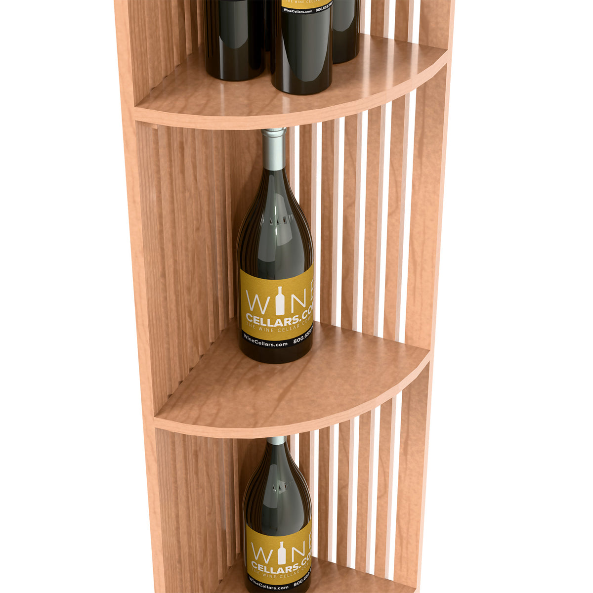 Light wood quarter-round wine shelf with lattice sides, showing two bottle tiers