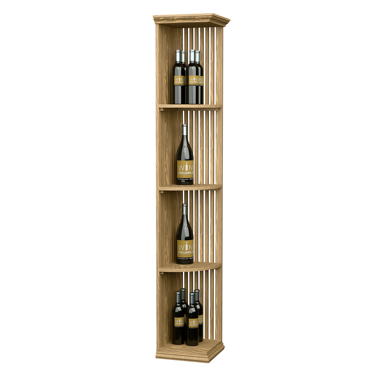 Light wood lattice quarter-round wine display shelf with square base and bottle storage