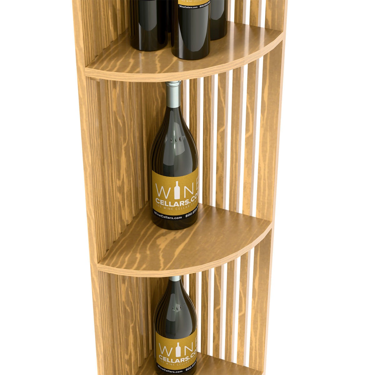 Detail of light wood lattice quarter-round wine shelf corner with two bottle shelves