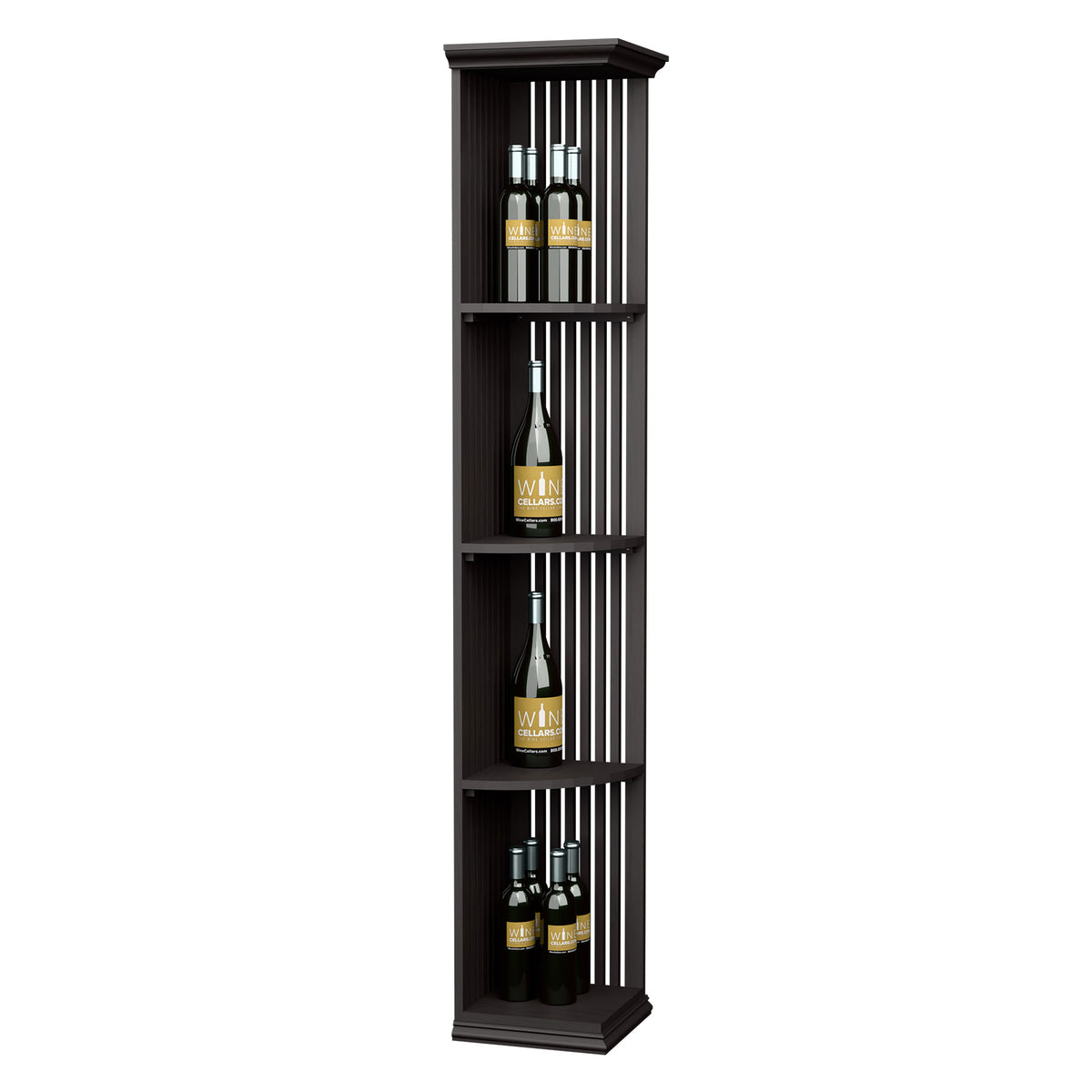 Dark wood lattice quarter-round wine shelf with square base and 3 bottle tiers