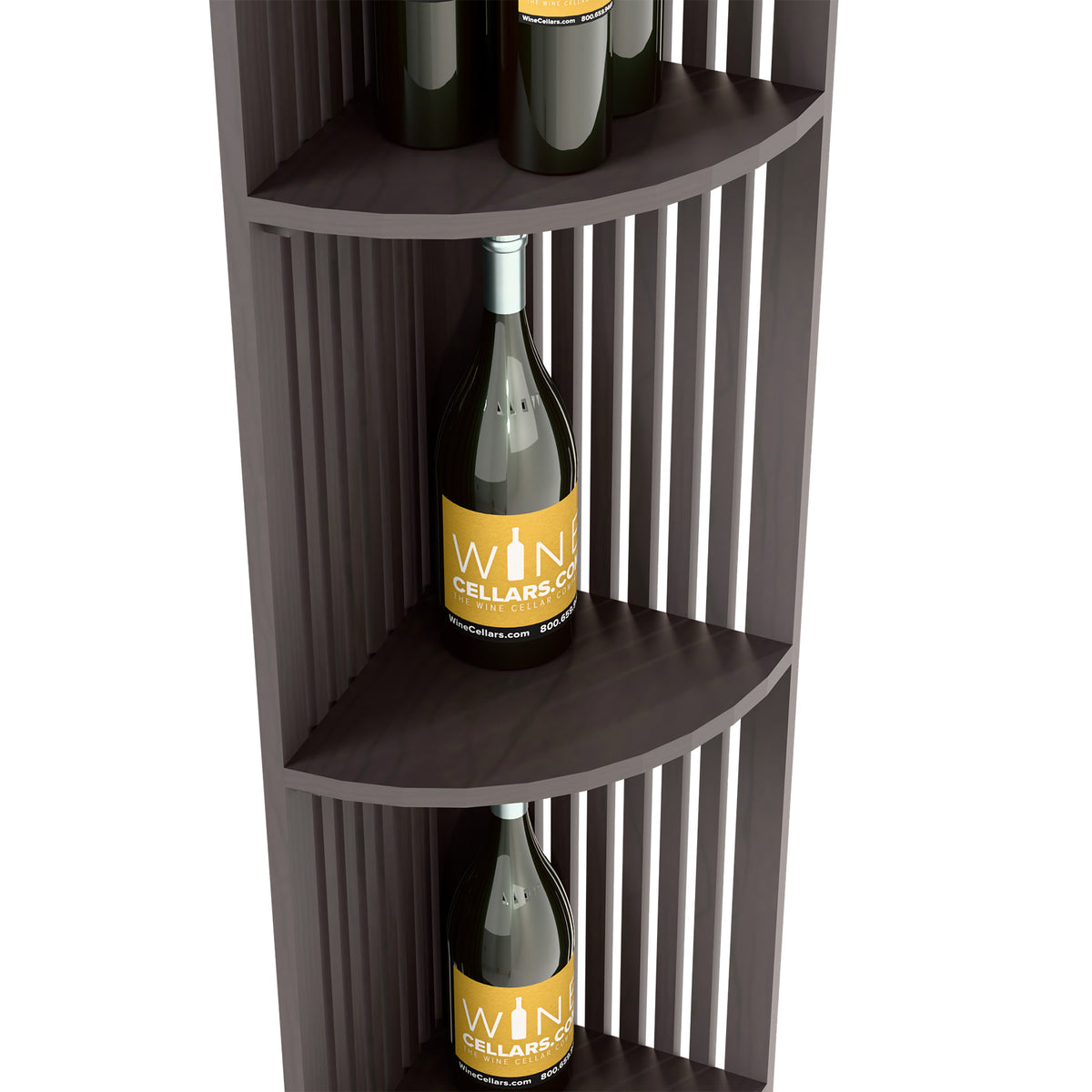 Dark wood quarter-round wine shelf with lattice sides, showing two bottle tiers