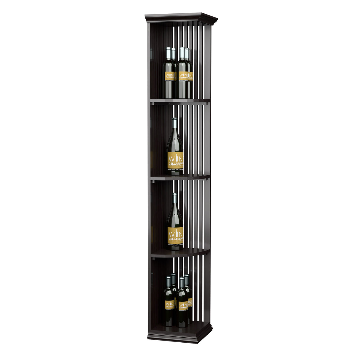 Dark wood lattice quarter-round wine display shelf with square base and bottle storage