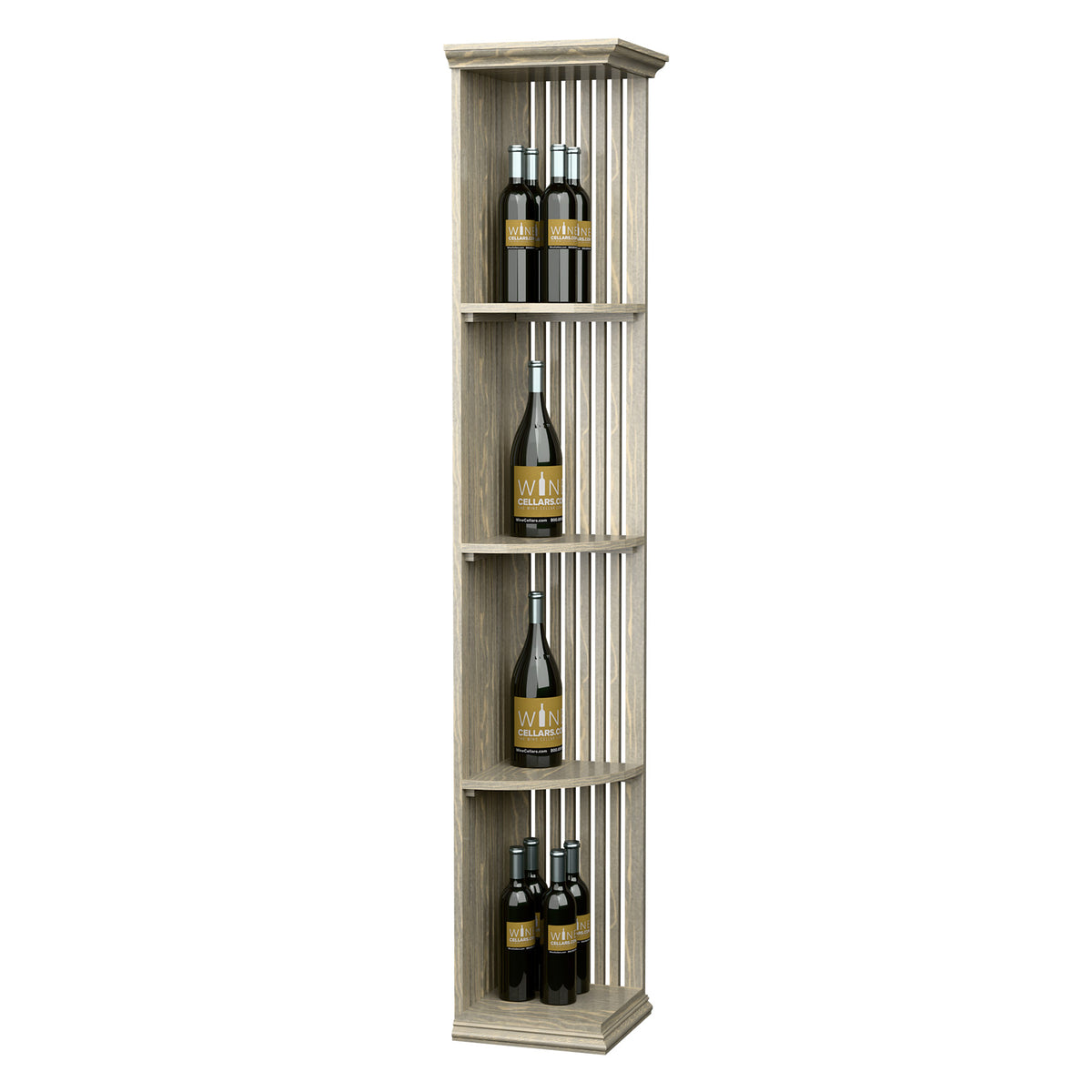 Tall lattice wine shelf with square base, light wood, quarter-round bottle shelves