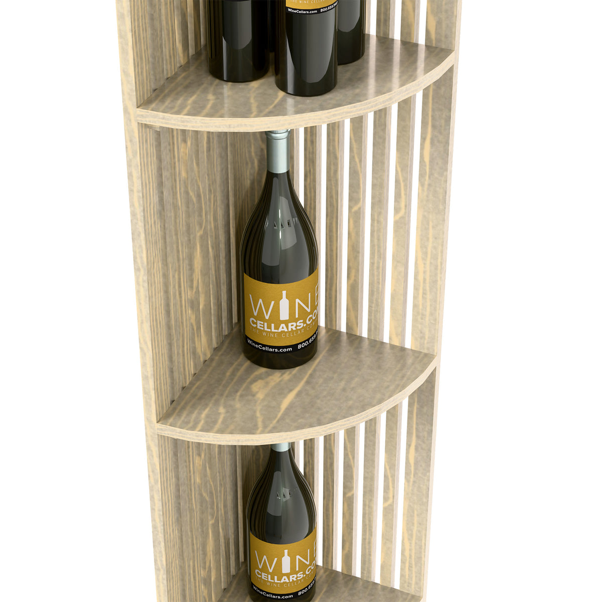 Quarter-round wine shelf corner unit with lattice side panels, light wood finish