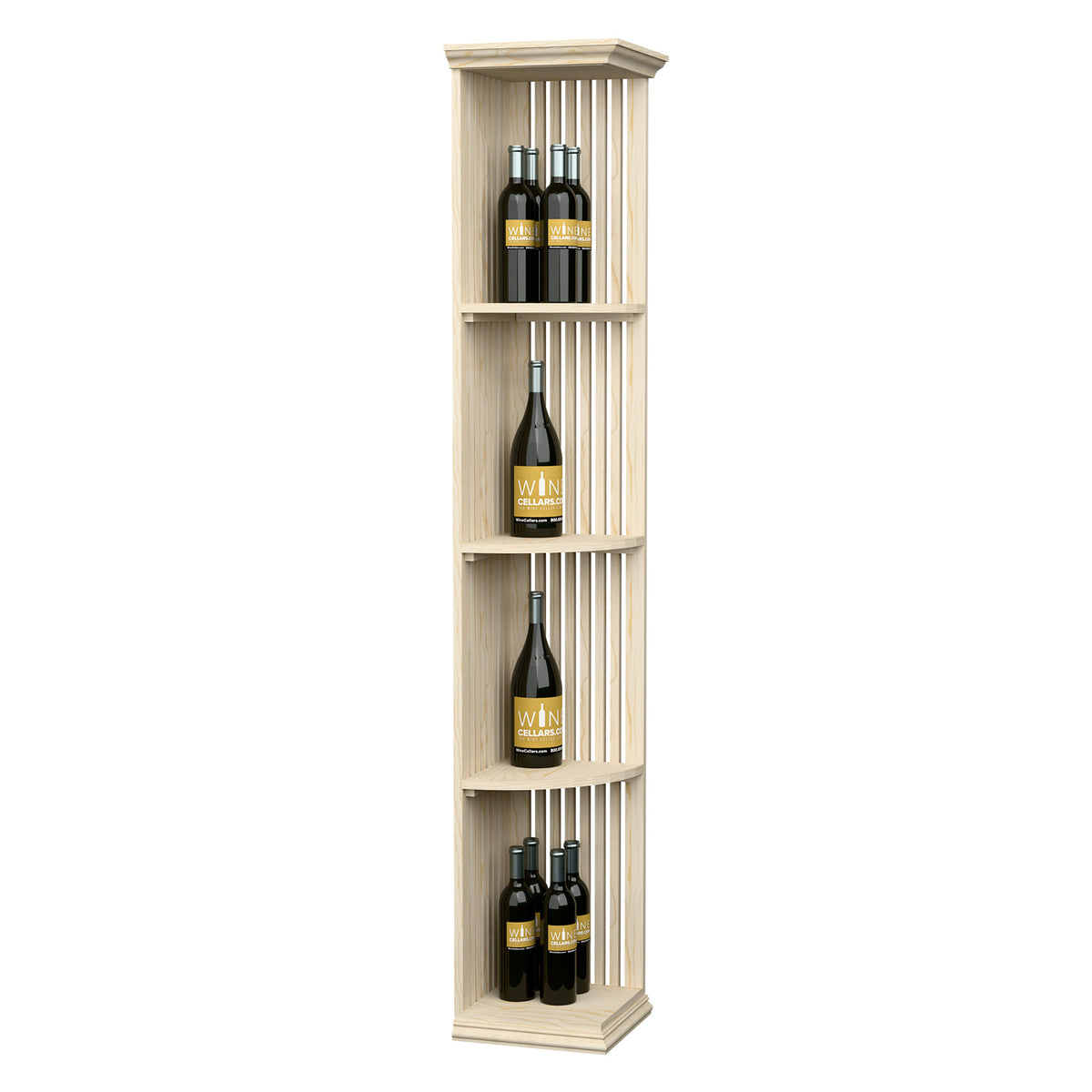 Lattice quarter round wine shelf on square base, light wood, stacked bottle storage