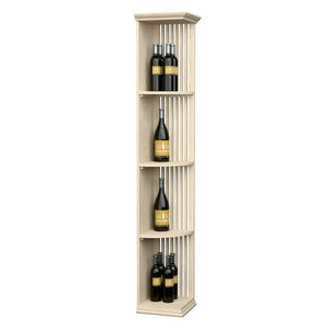 Lattice quarter round wine shelf on square base, light wood, stacked bottle storage