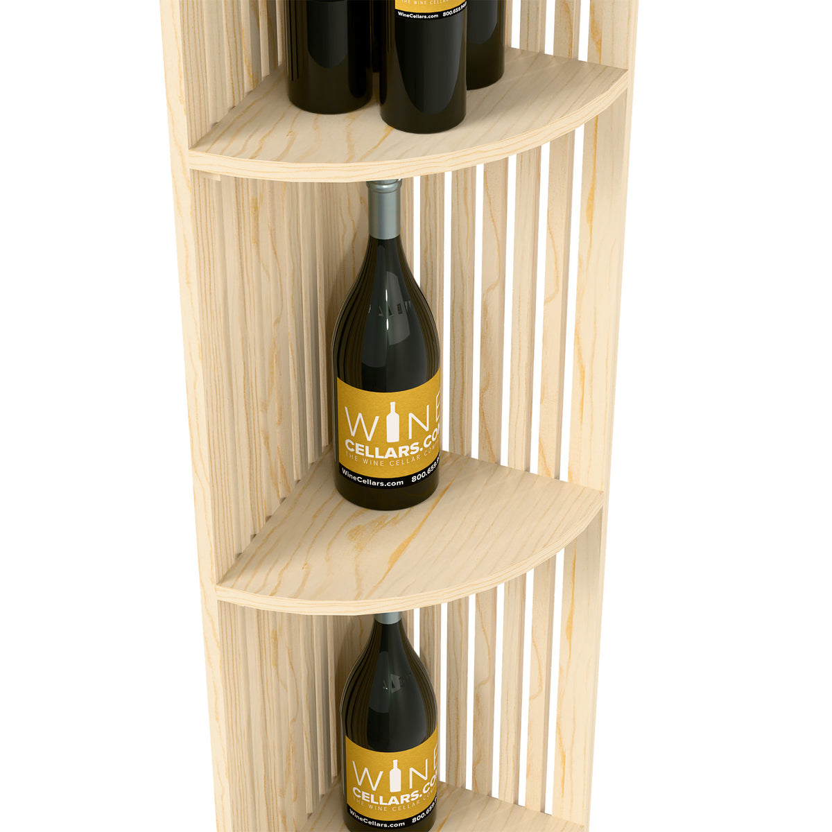 Light wood corner wine shelf with two quarter-round shelves and vertical lattice sides