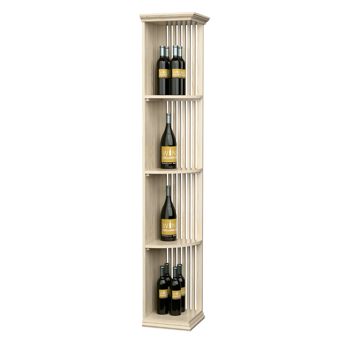 Freestanding lattice wine shelf with square base, light wood, quarter-round tiers