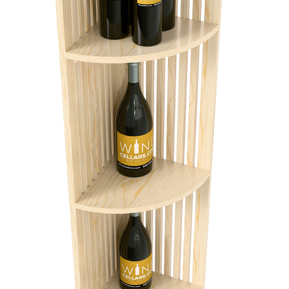 Quarter-round corner wine shelf with lattice panels, light wood, two bottle spaces