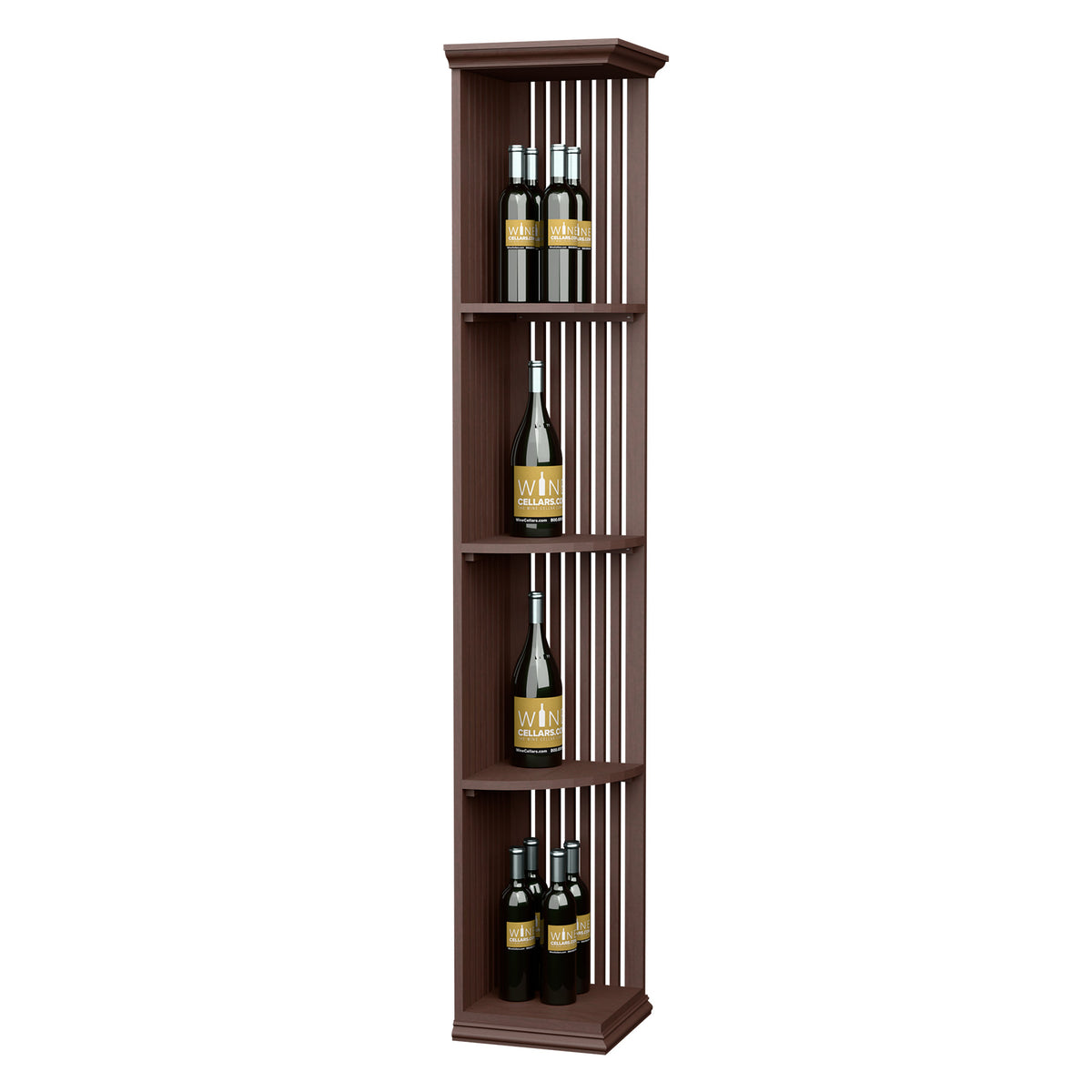 Lattice quarter round wine shelf with square base, dark wood, 4 bottle slots