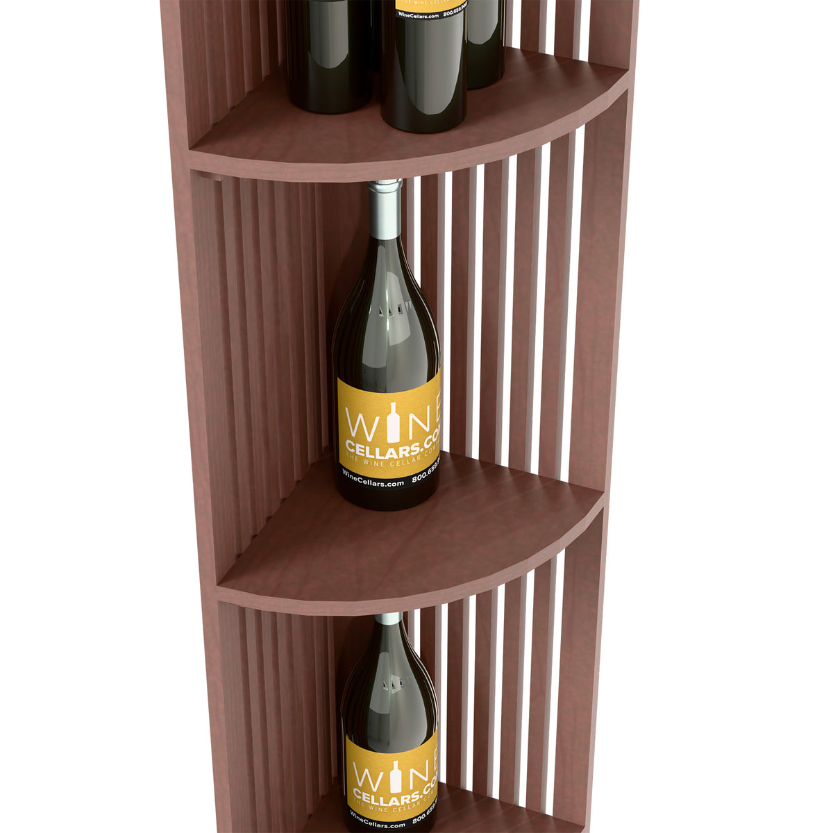 Dark wood corner wine shelf with quarter-round tiers and lattice side panels