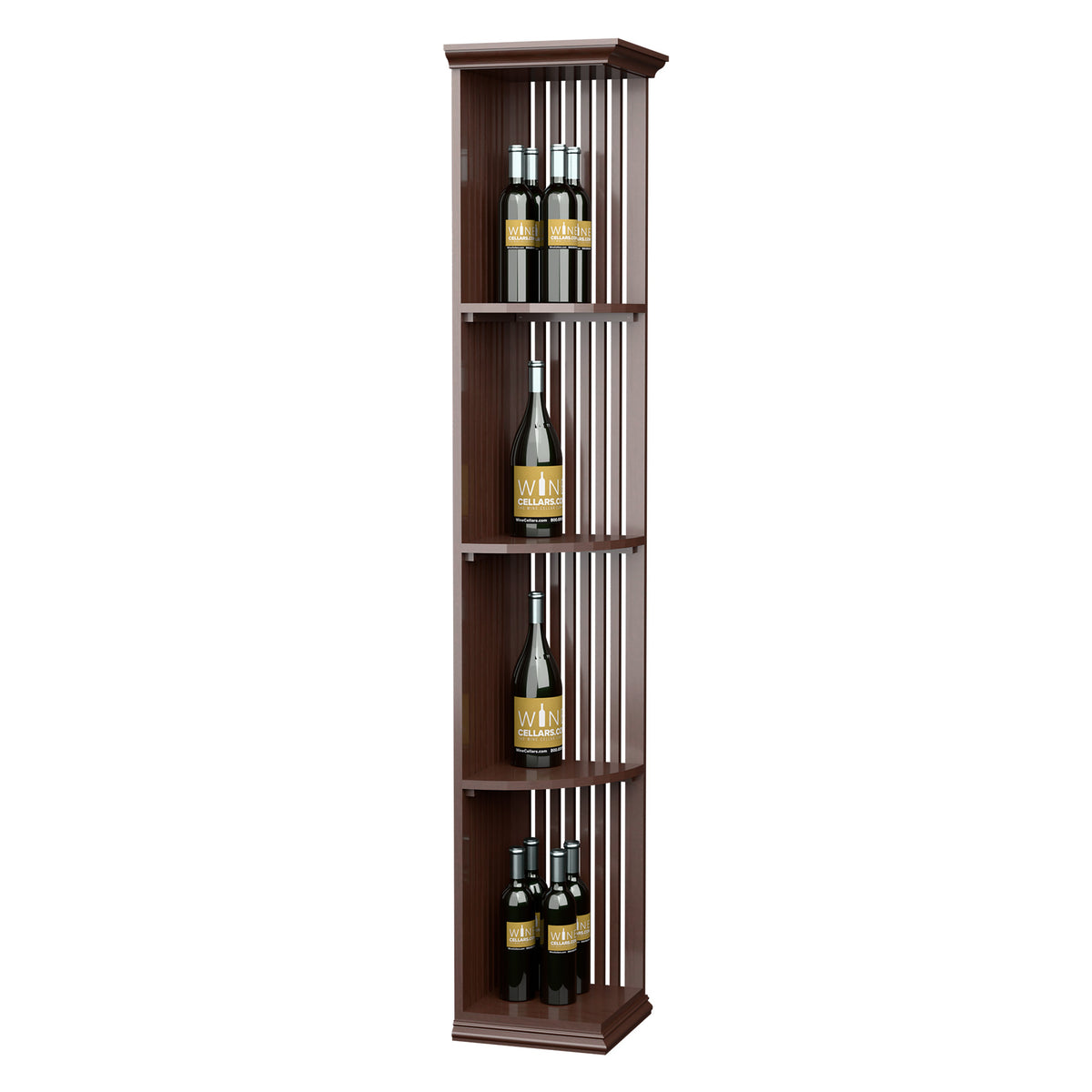 Lattice wine shelf with square base, dark wood finish, four bottle cubbies