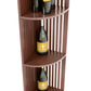 Dark wood lattice wine shelf with quarter-round shelves holding two bottles
