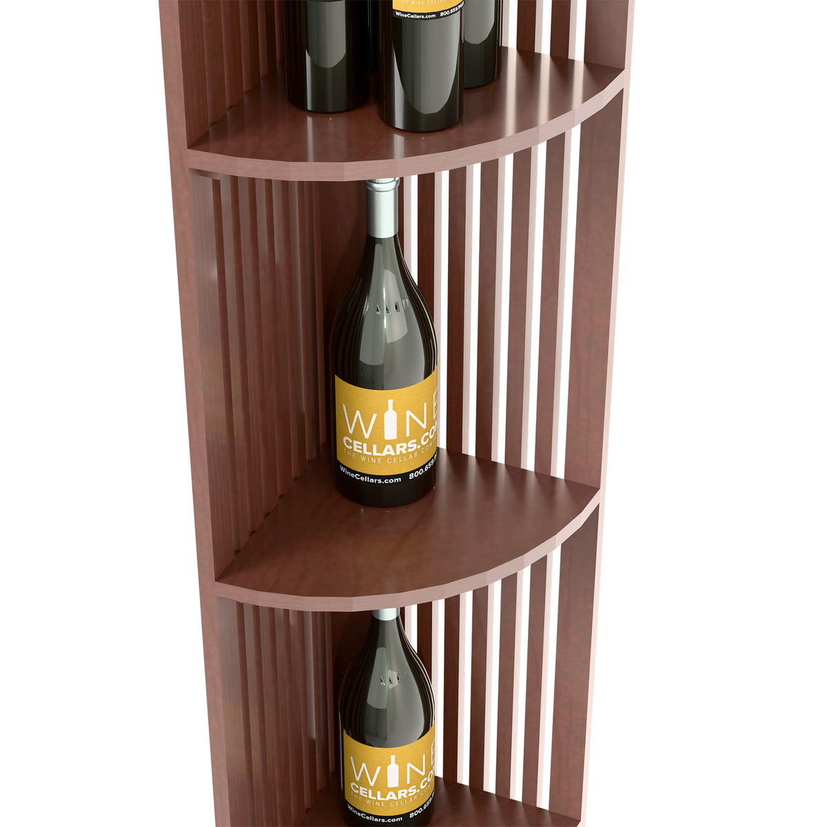Dark wood lattice wine shelf with quarter-round shelves holding two bottles
