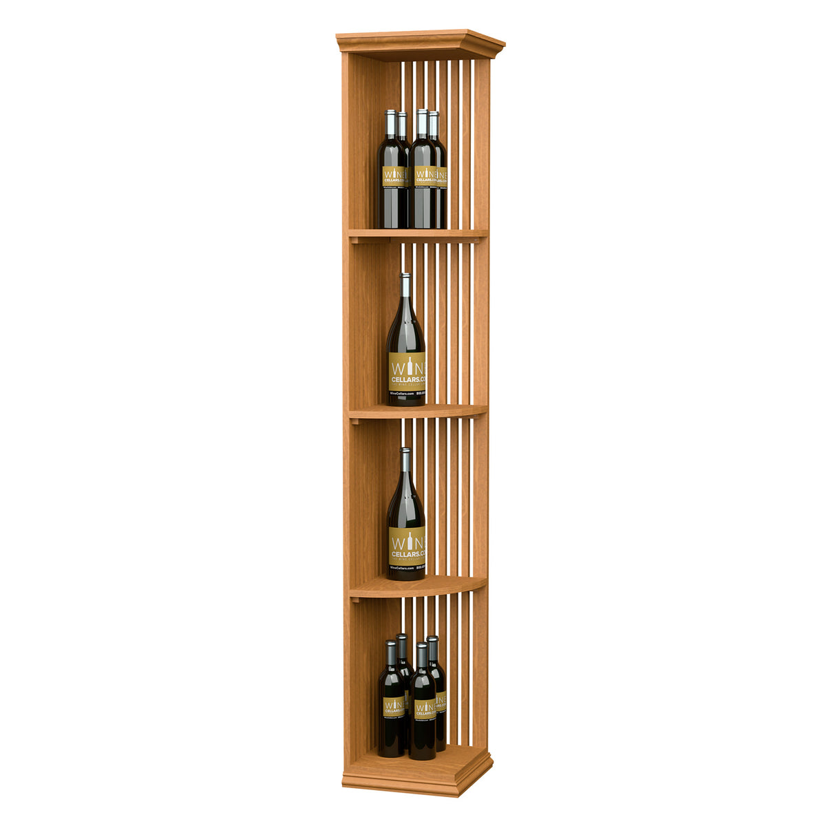 Lattice wine shelf with square base, light wood finish, four bottle cubbies