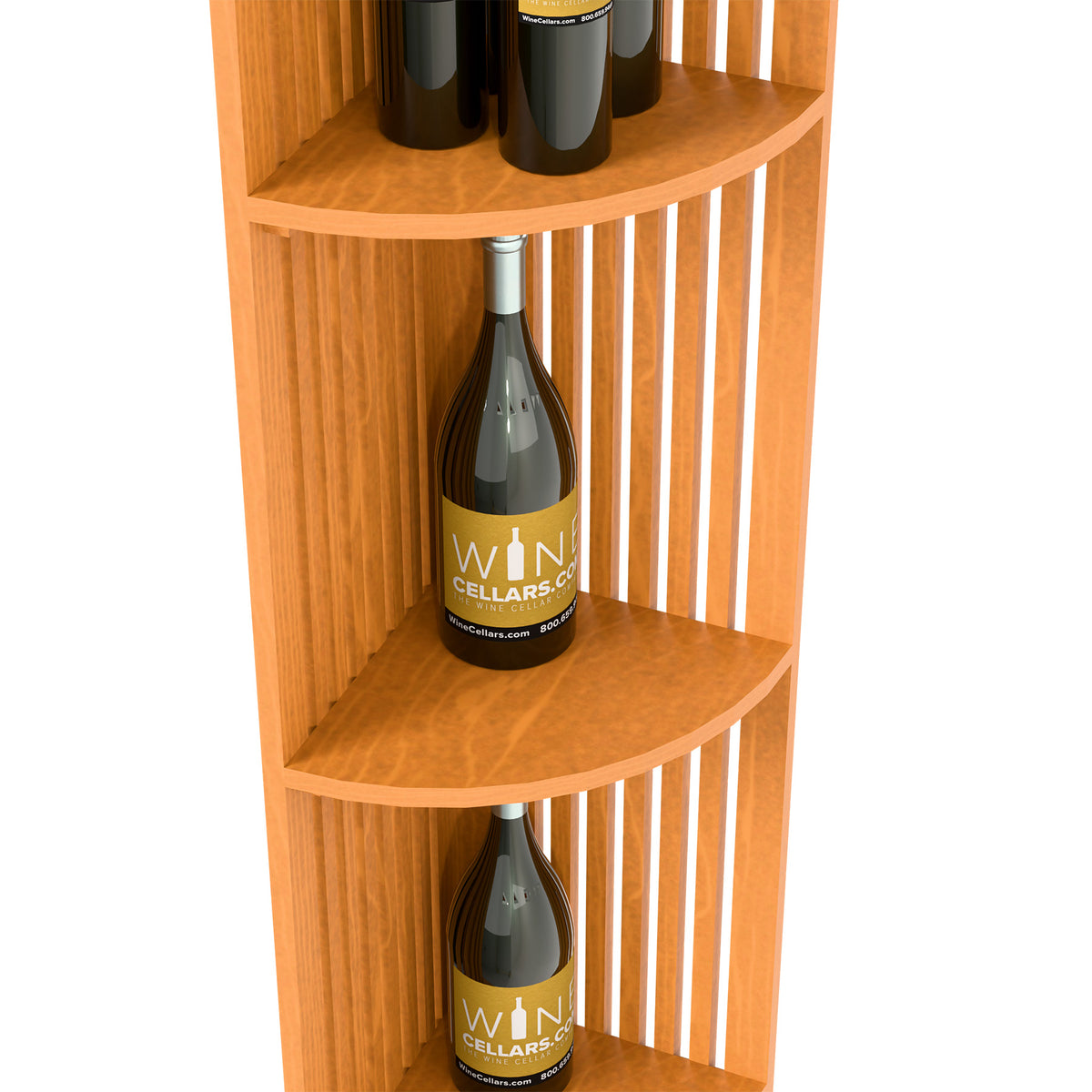 Light wood lattice wine shelf with curved shelves holding two wine bottles