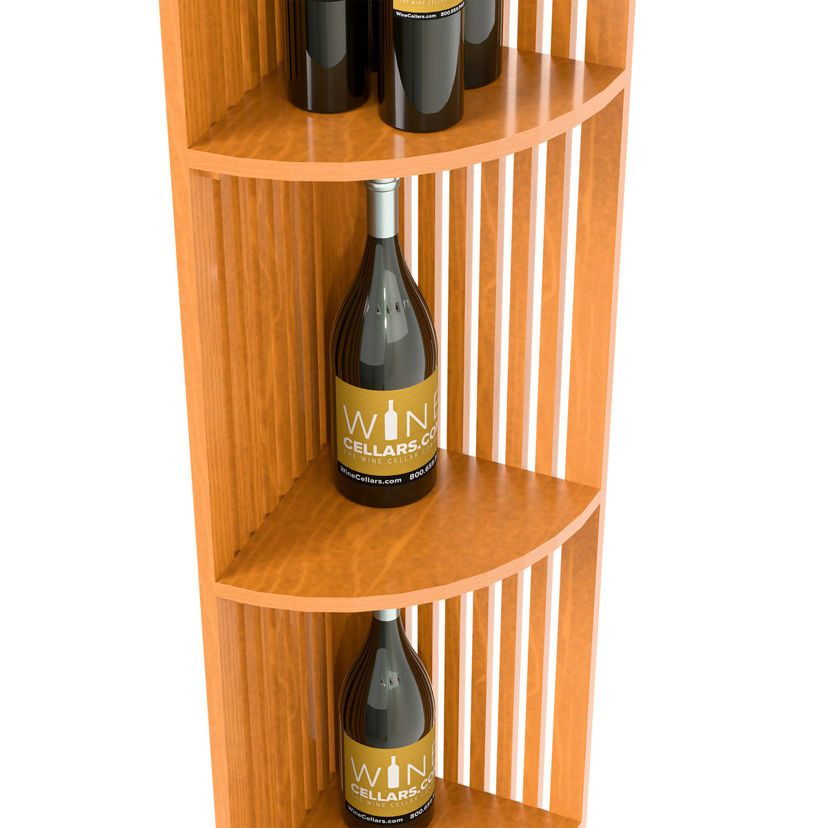 Natural wood lattice wine shelf with quarter-round shelves holding two bottles
