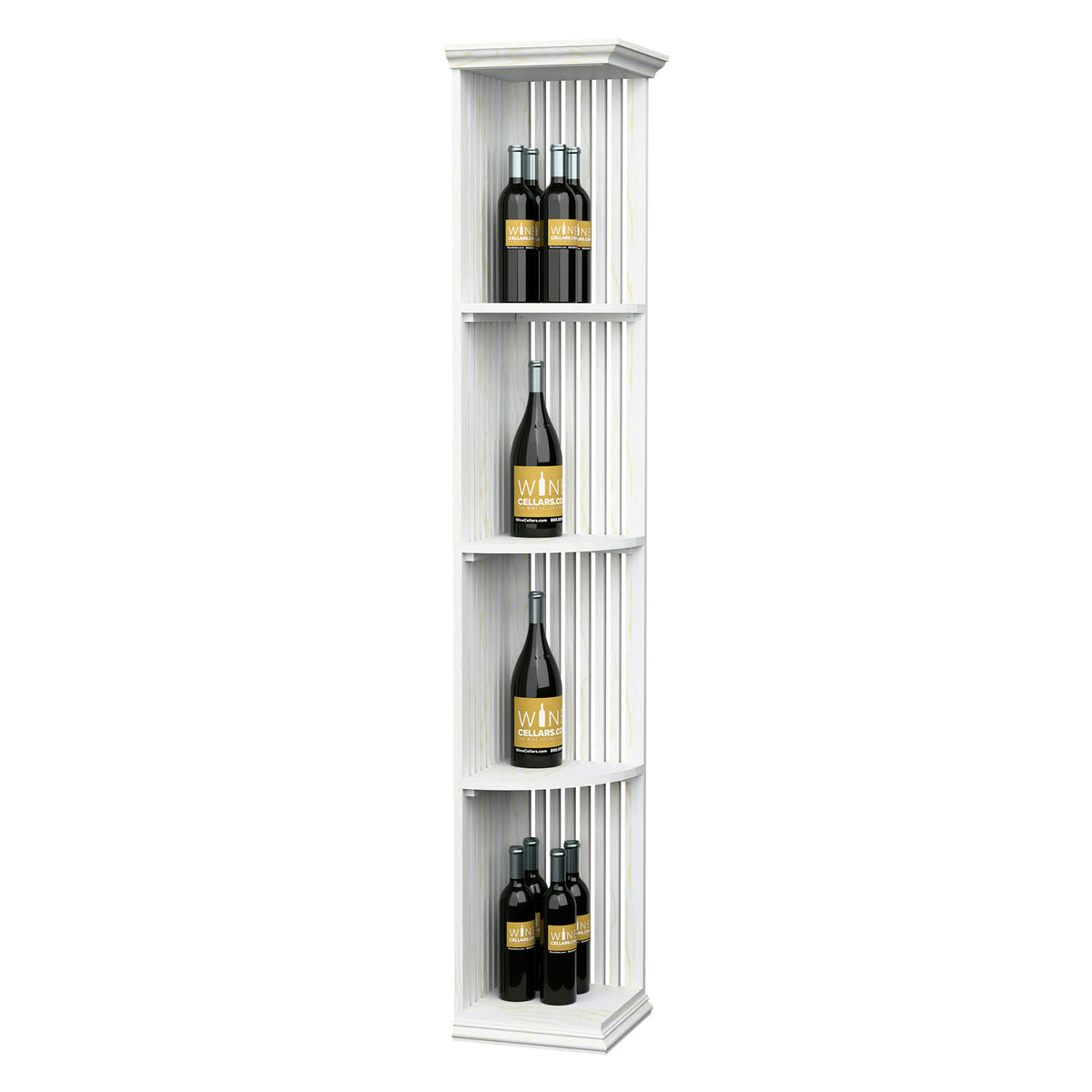 Lattice wine shelf with square base, white finish, four bottle cubbies