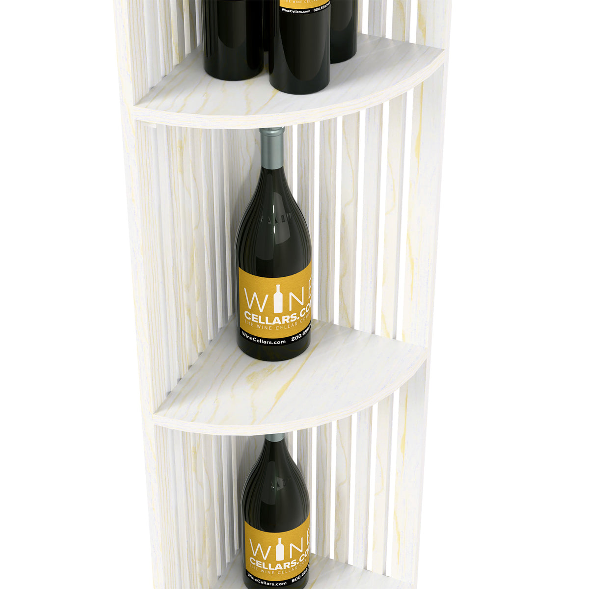 White lattice wine shelf with quarter-round shelves holding two wine bottles