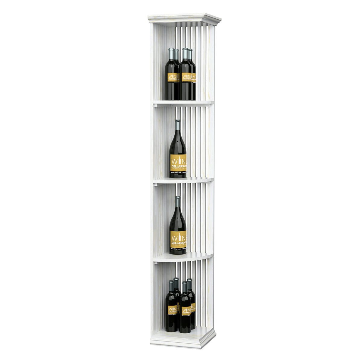 Lattice wine shelf with square base, white finish, four bottles in cubbies
