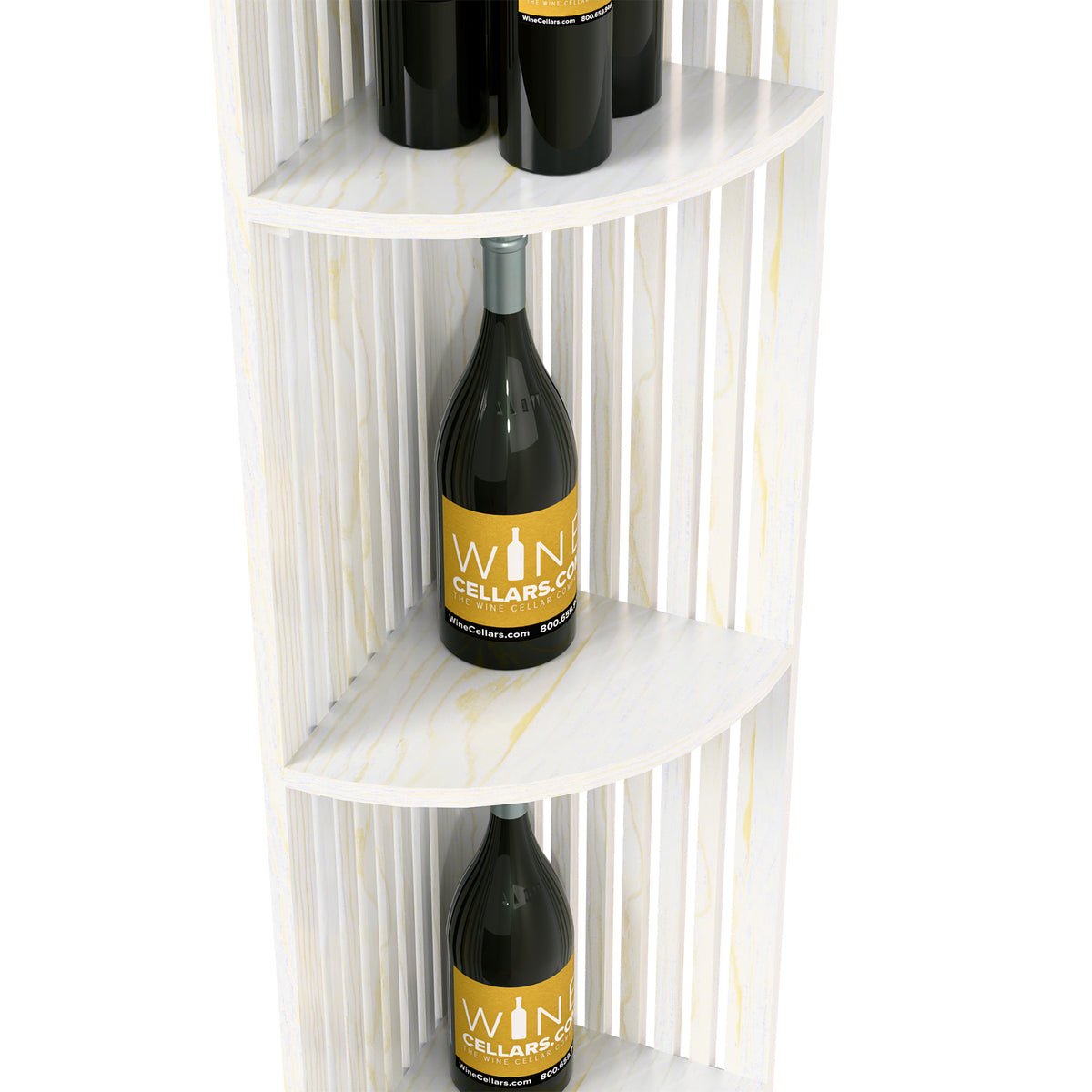 White lattice wine shelf with curved shelves holding two wine bottles