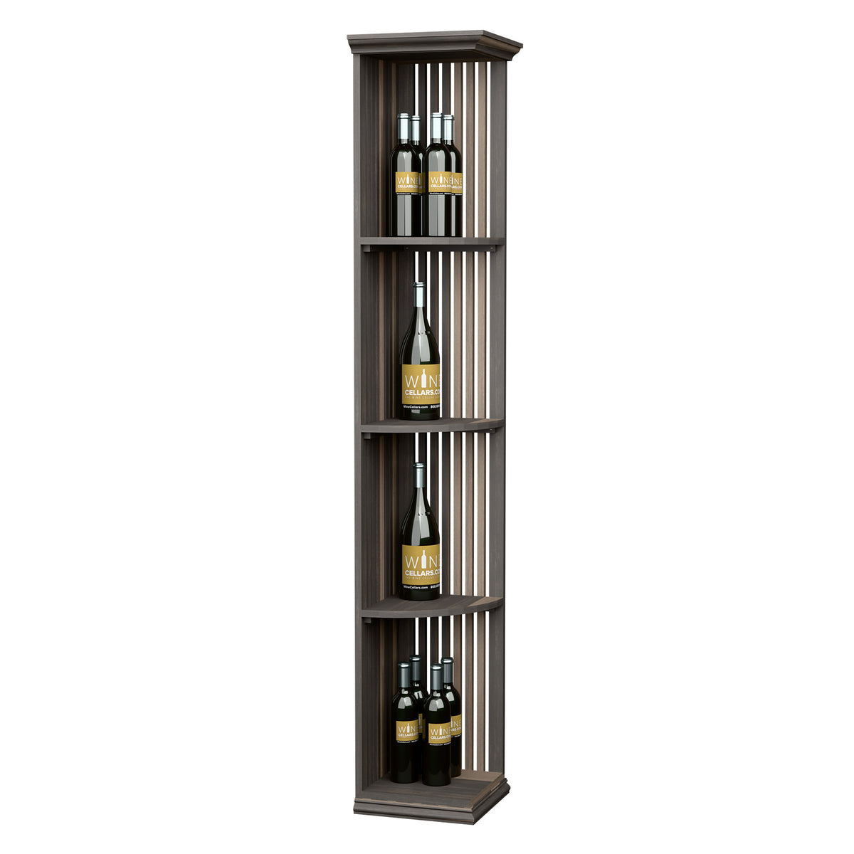Dark stained lattice quarter-round wine shelf with four curved tiers and square base