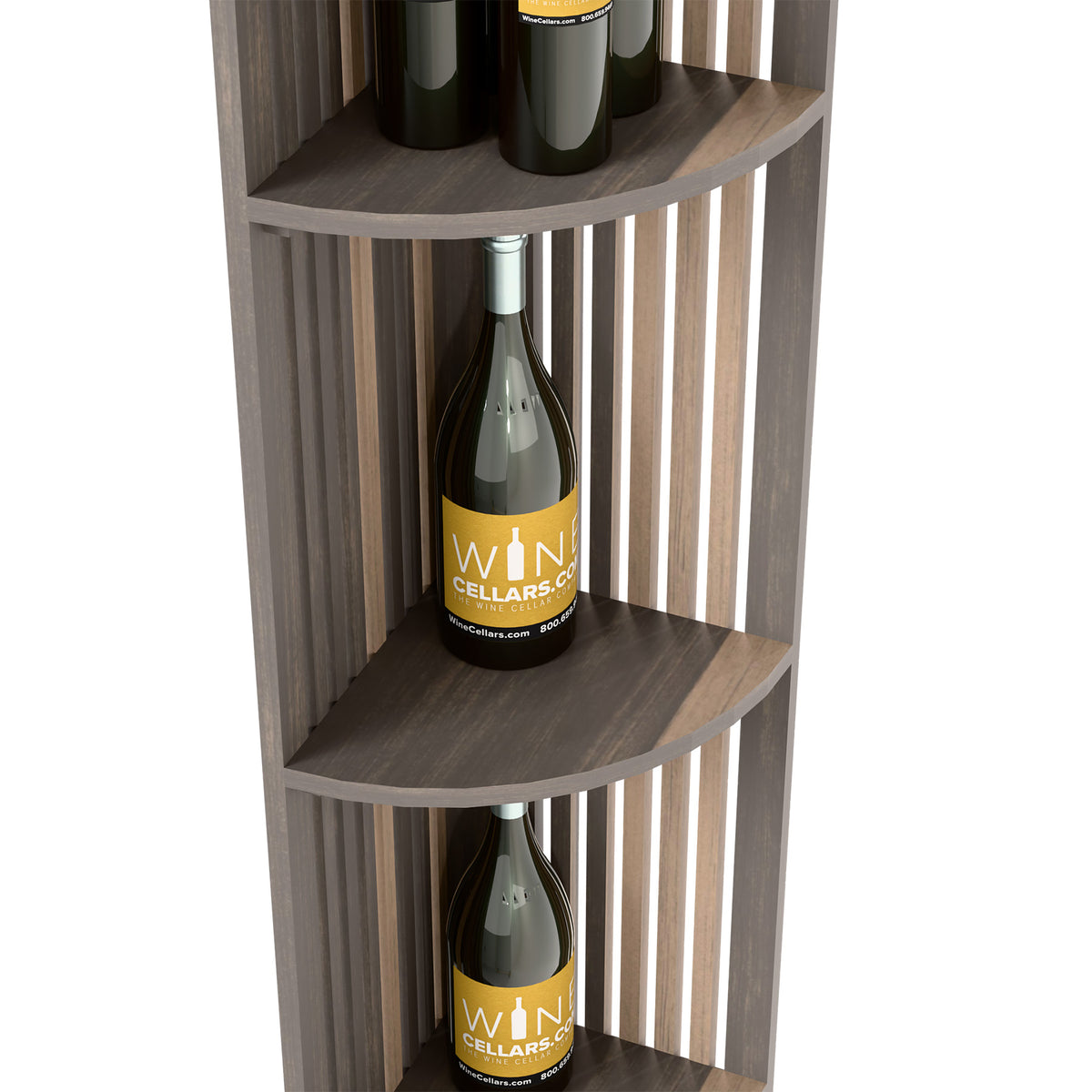 Quarter-round lattice wine shelf section with bottle on middle curved shelf