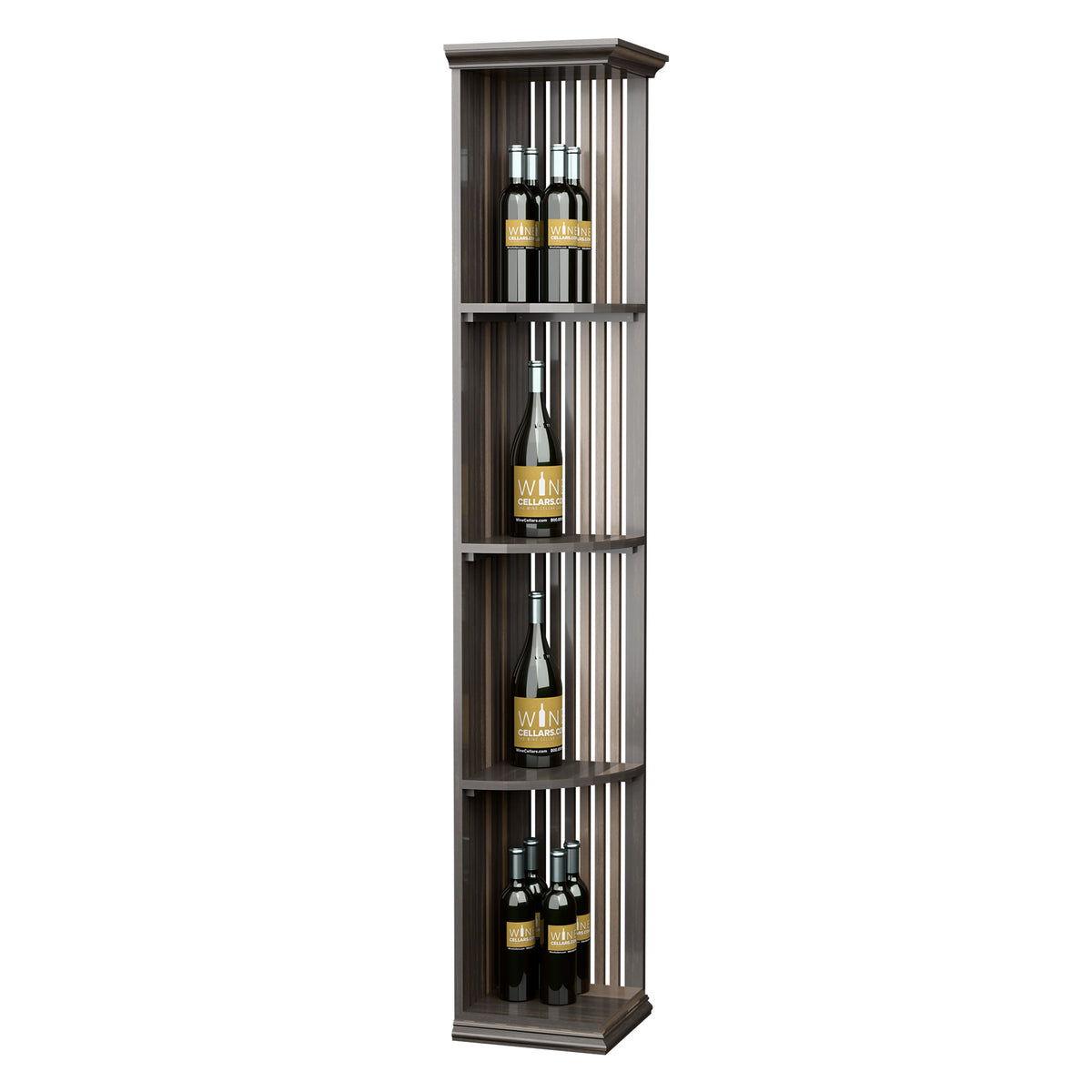 Tall dark stained lattice wine shelf with four curved shelves and square base