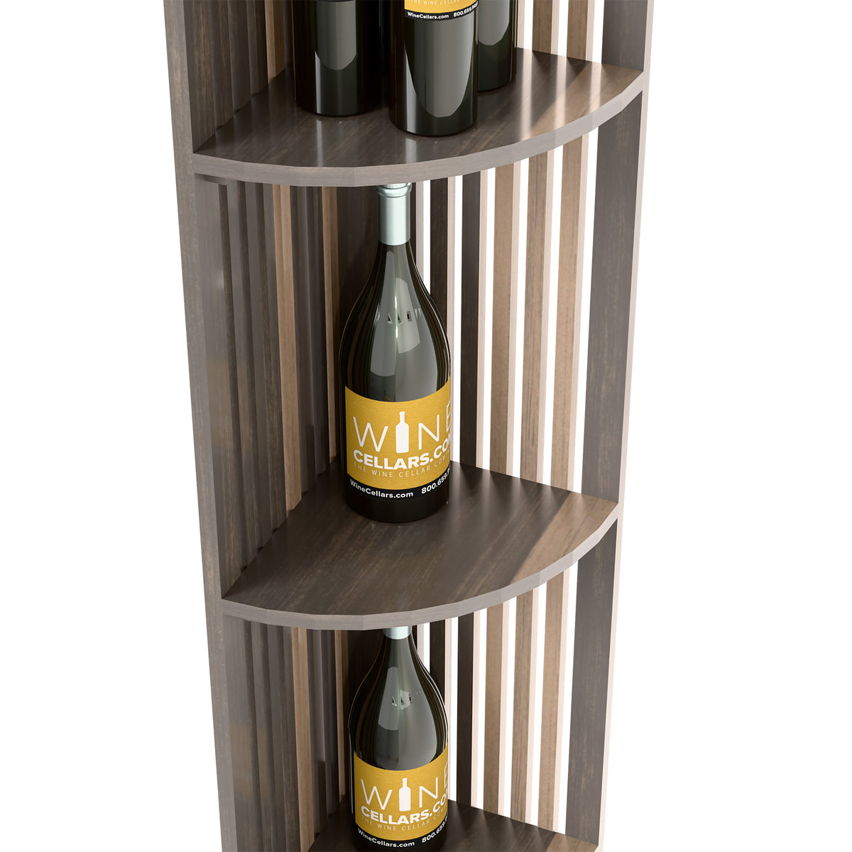 Dark lattice wine shelf with two bottles on rounded top and middle shelves