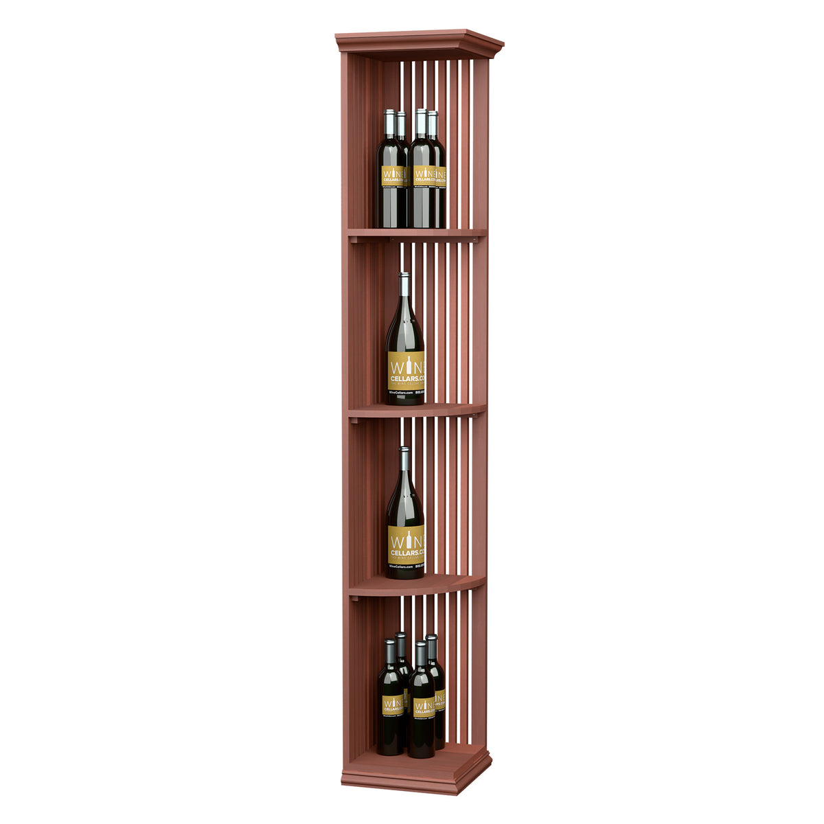 Redwood-toned lattice quarter-round wine shelf with four curved tiers and square base