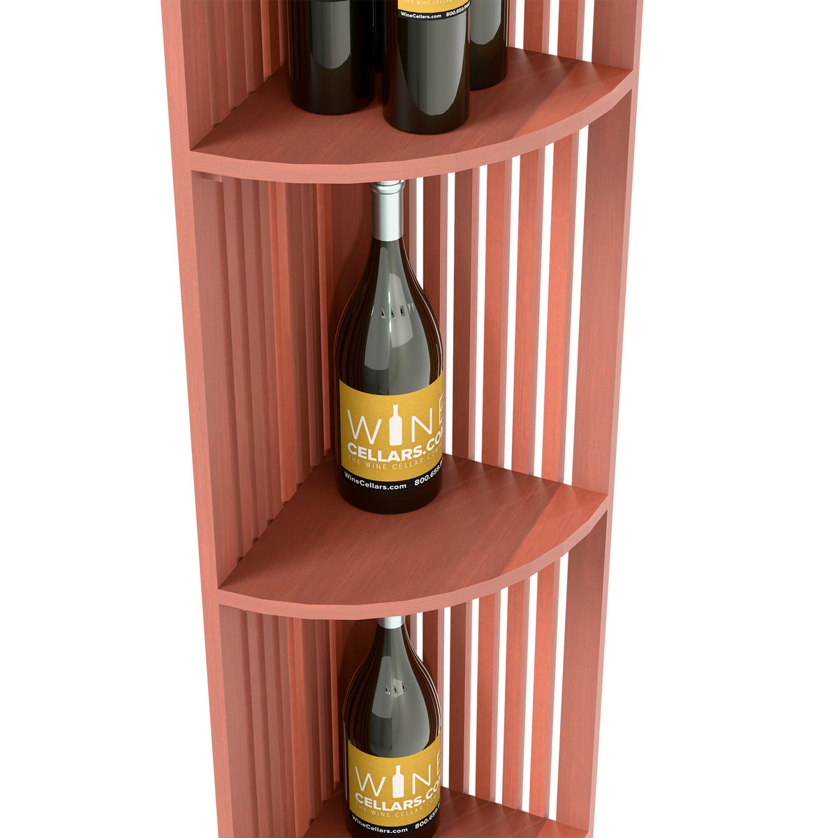 Red-toned lattice wine shelf with bottle on middle curved shelf and top bottles